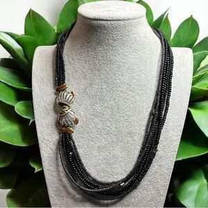 Chico's Black Multi Strand Rhinestone Kissing Fish Necklace Magnetic Closure
